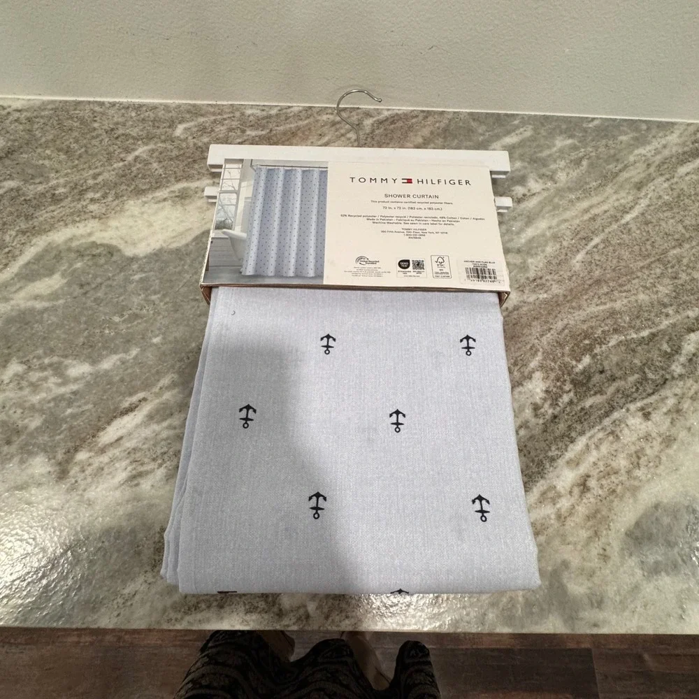Tommy Hilfiger Shower Curtain Light Blue Nautical Anchor Flag 72x72 NEW